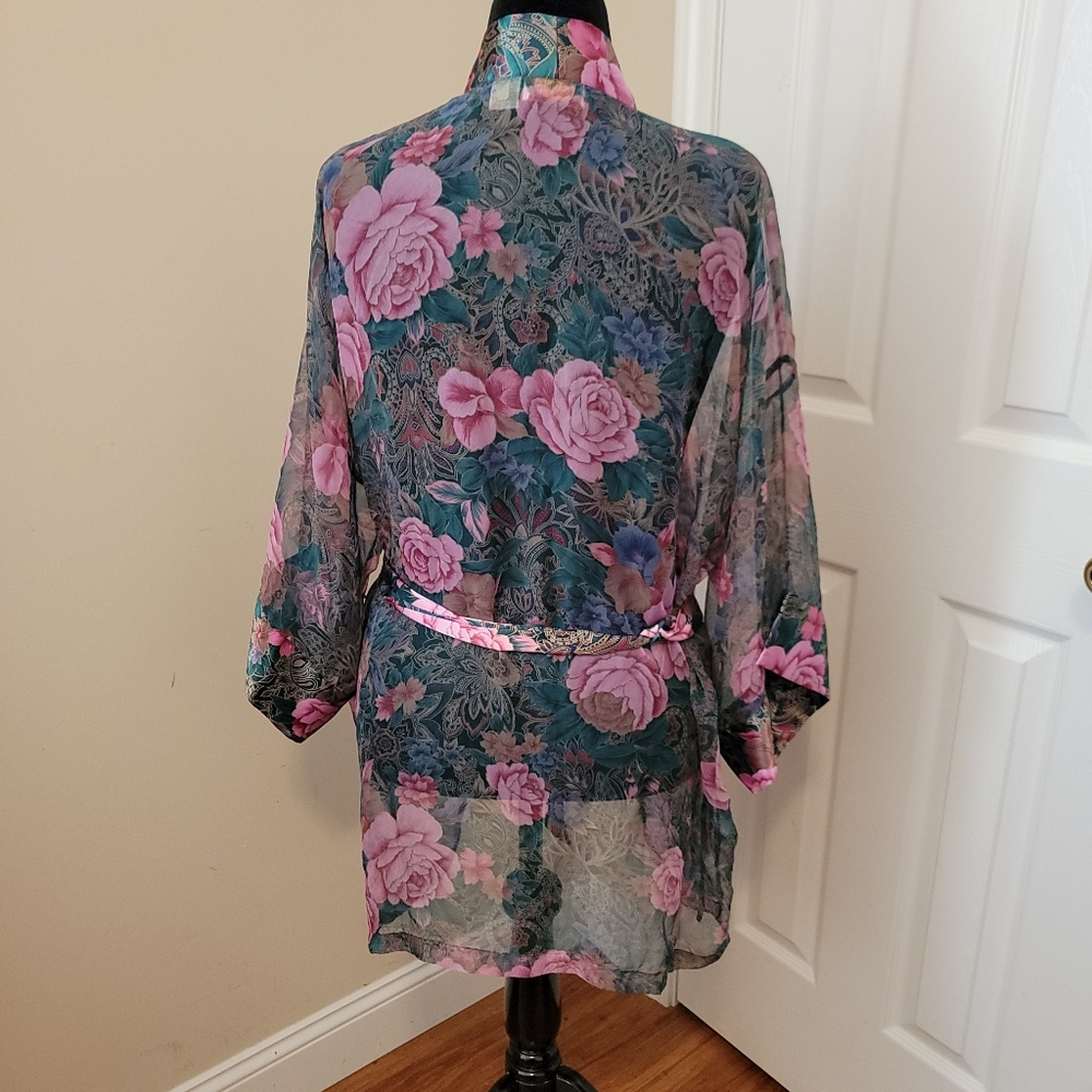 Victoria's Secret Gold Label Vintage Sheer and Satin Green Pink Floral Robe OS - Picture 4 of 9